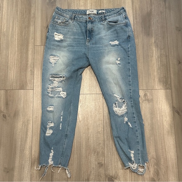 Tori Petite Distressed Mom Jeans - Picture 1 of 6